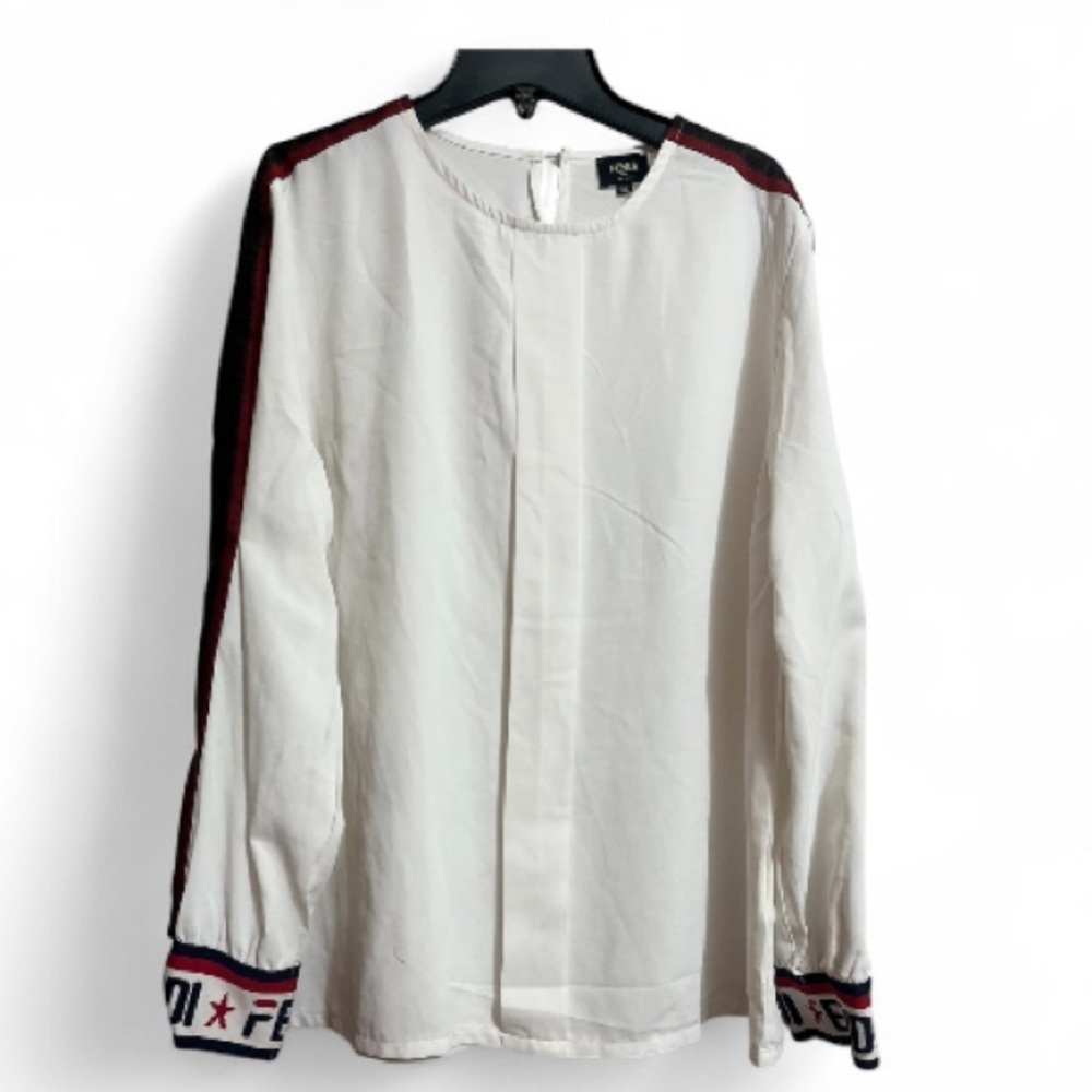 Fendi White Long Sleeve Top with Logo Cuffs Sleeves Sz XL Women